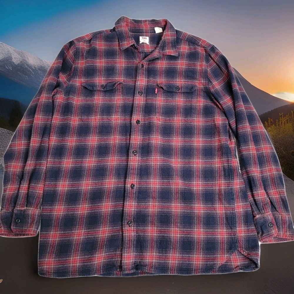 🧥Levi's Flannel Shirt Heavyweight Men's XLT Red/Navy Plaid Relaxed Fit Workwear